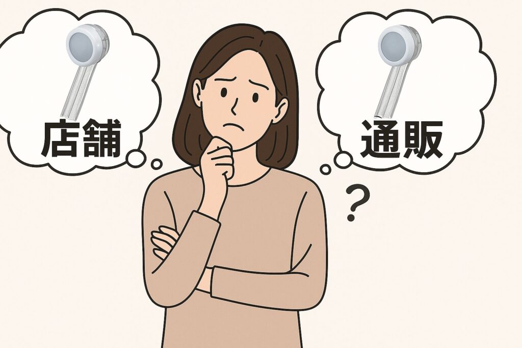 ミラブルを店舗と通販のどちらで買うか悩んでいる人のイラスト