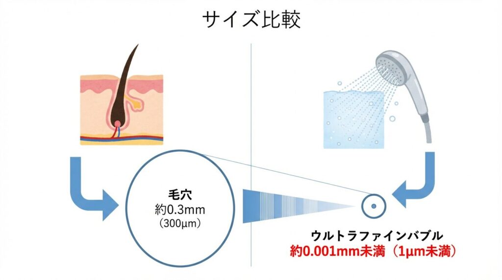 サイズ
毛穴の大きさ
約0.3mm（300μm）
ウルトラファインバブル
約0.001mm未満（1μm未満）