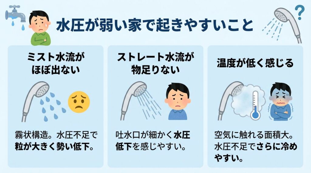 症状
原因
ミスト水流がほぼ出ない
ミスト水流は霧状に噴射する構造上、元の水圧が弱いと粒が大きくなり勢いも落ちる
ストレート水流が物足りない
吐水口が細かいため、通常のシャワーヘッドより水圧低下を感じやすい
温度が低く感じる
ミスト水流は空気に触れる面積が大きく、水圧が弱いとさらに冷めやすい