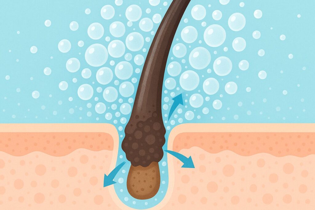 毛穴の断面にウルトラファインバブルが入り込む様子