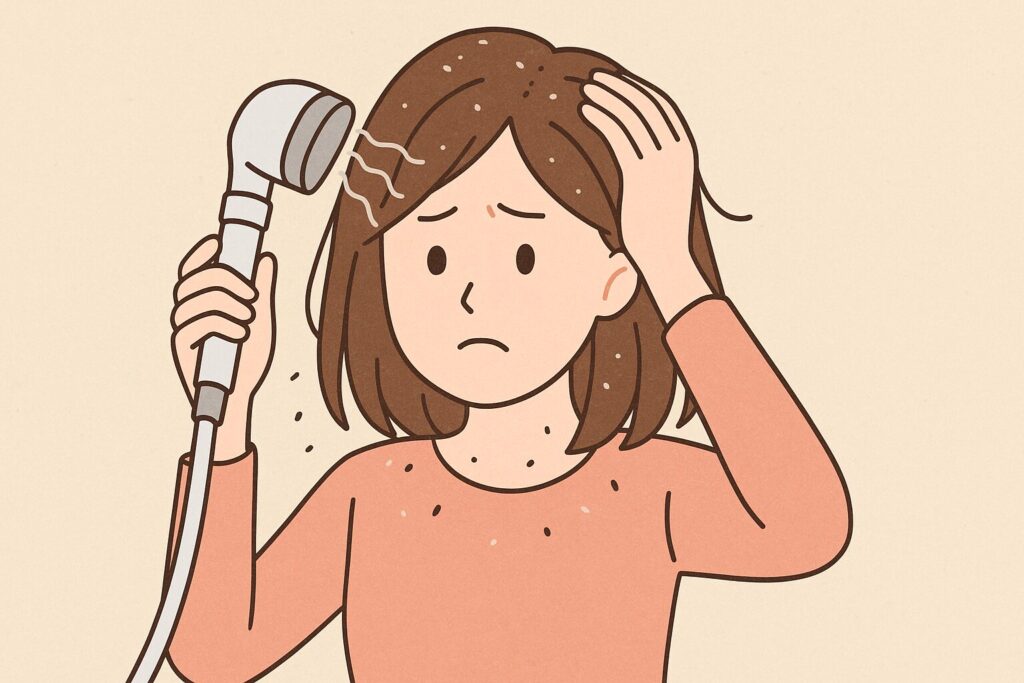 ミラブルの使用でふけが出て困っている女性のイラスト