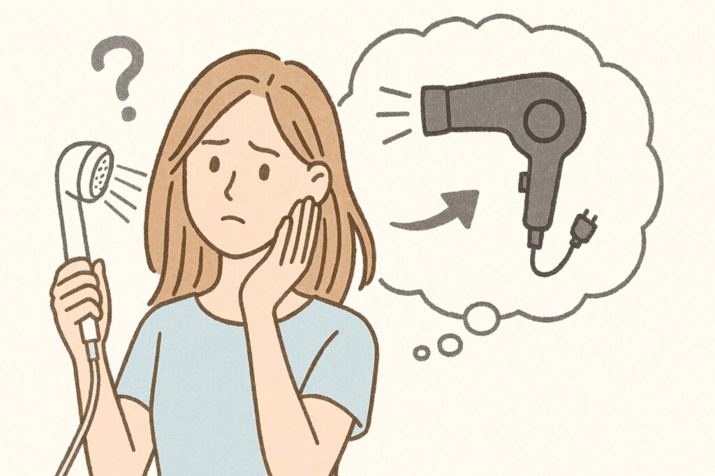 ミラブルでドライヤー時間が短くなるか考えている女性のイラスト