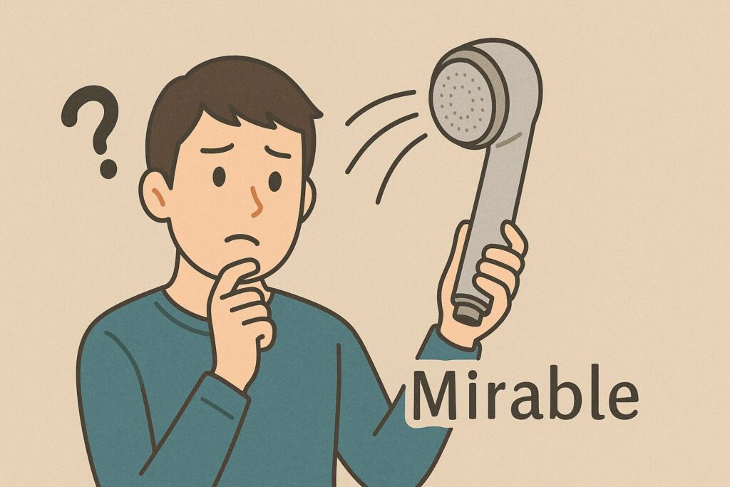 ミラブルを顔に当てても大丈夫か悩んでいる男性のイラスト