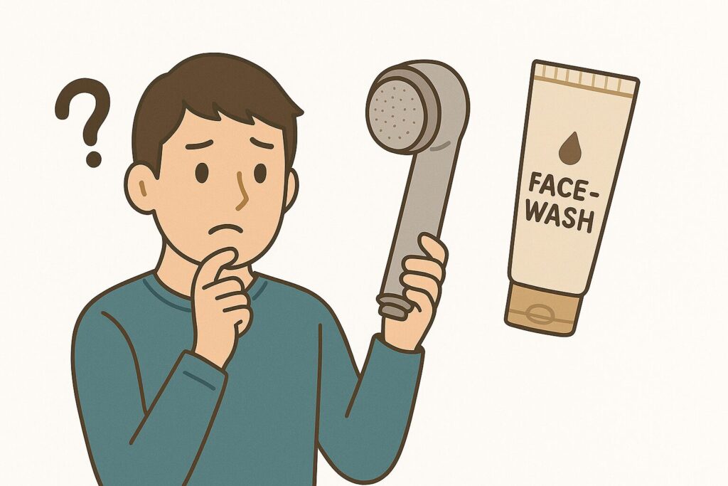 ミラブルを使えば洗顔料が不要か悩んでいる男性のイラスト