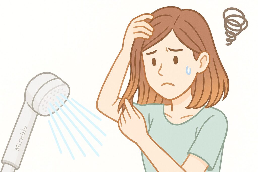 ミラブルの使用でヘアカラーの色落ちに悩む女性の明るいトーンのイラスト