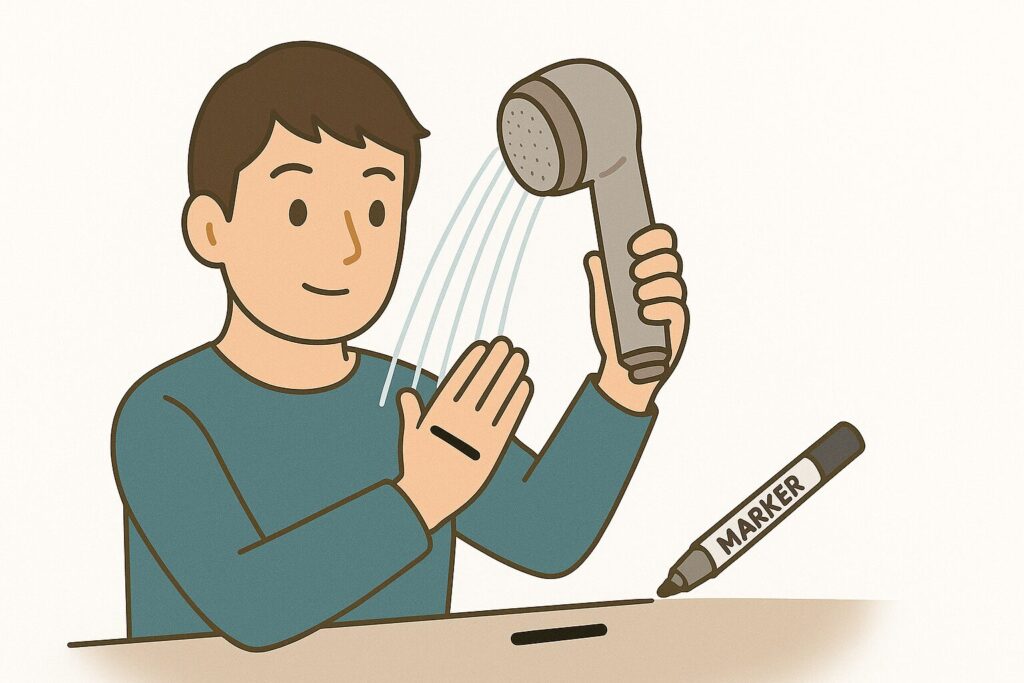  ミラブルで油性マーカーを落とせるか検証している男性のイラスト
