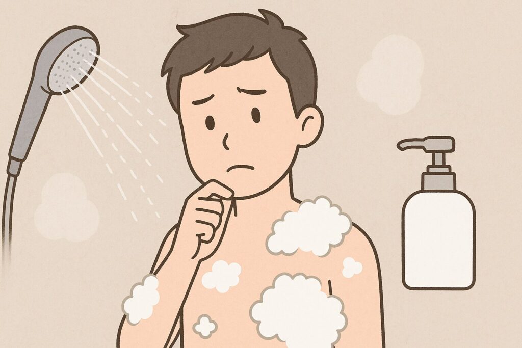 ミラブル使用中にボディーソープが必要か悩む男性のイラスト