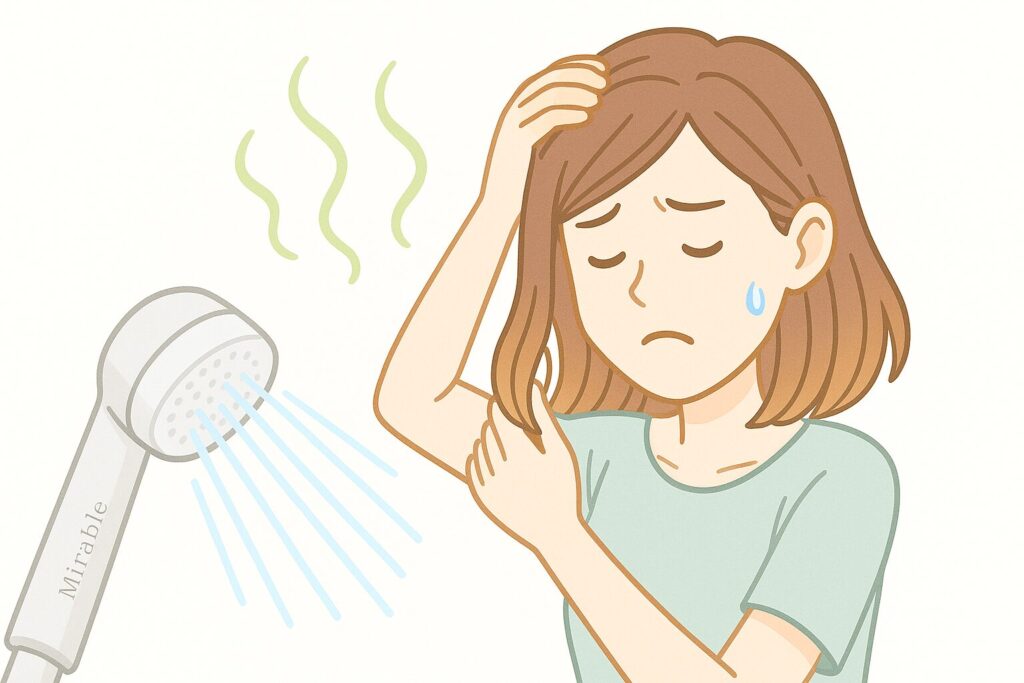 ミラブルの使用中に頭皮のにおいを気にする女性のイラスト