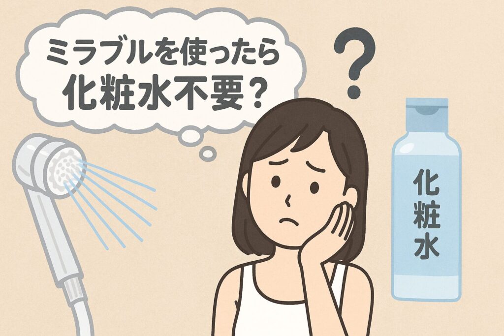 ミラブルを使ったら化粧水が不要か悩んでいる女性のイラスト