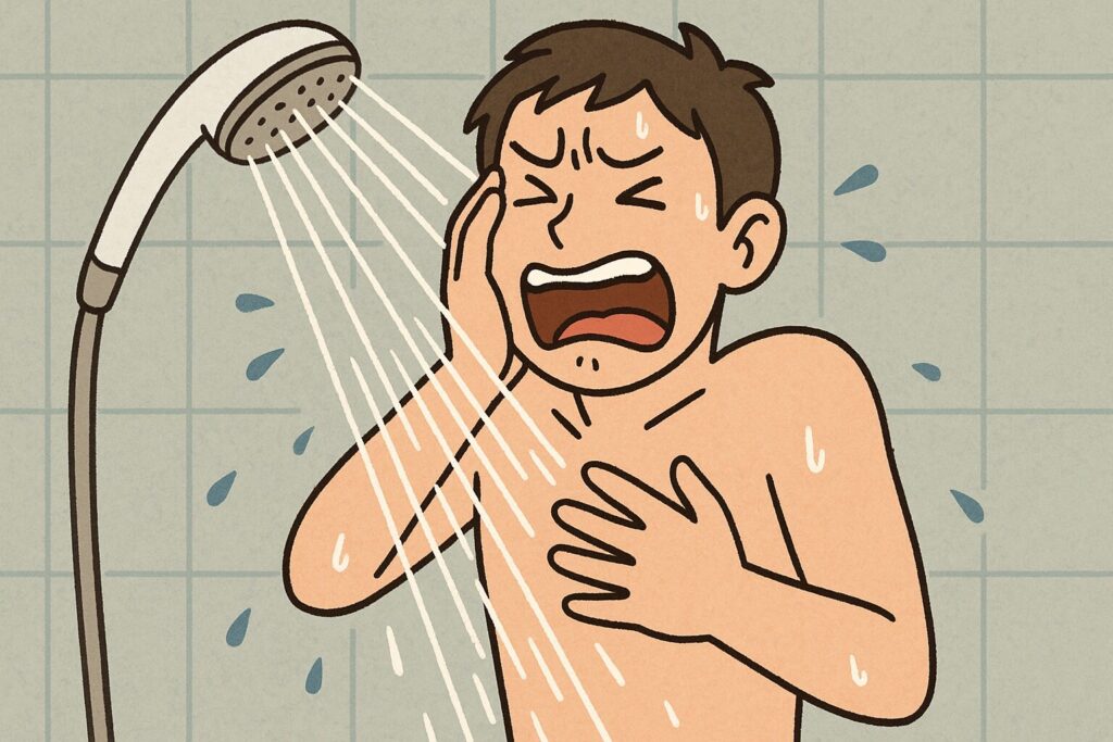 シャワーの水圧が強くて痛がっている人のイラスト
