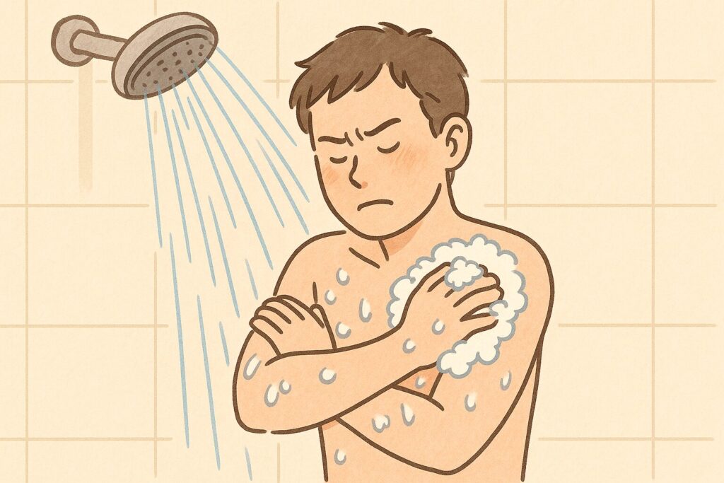 シャワーを長時間浴びながら皮膚をゴシゴシこすっている男性のイラスト