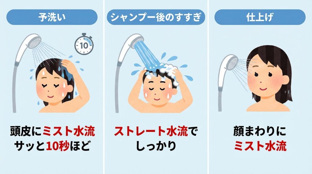 予洗い　→ ミスト水流で頭皮にサッと10秒ほど
シャンプー後のすすぎ → ストレート水流でしっかり
仕上げ　→ 顔まわりにミスト水流