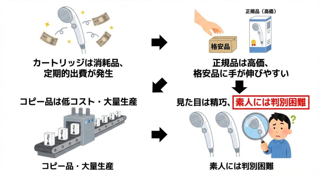 ミラブルのカートリッジが消耗品で定期的な出費が発生する

正規品の価格が安くないため、格安品に手が伸びやすい

コピー品の製造コストが低く、大量生産しやすい

見た目が精巧で、素人には判別しにくい