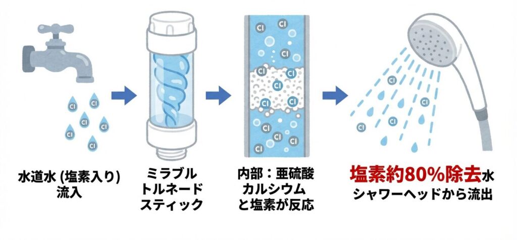 水道水（塩素入り）がトルネードスティックに入る → 内部の亜硫酸カルシウムが塩素と反応 → 塩素が約80%除去された水がシャワーヘッドから出る