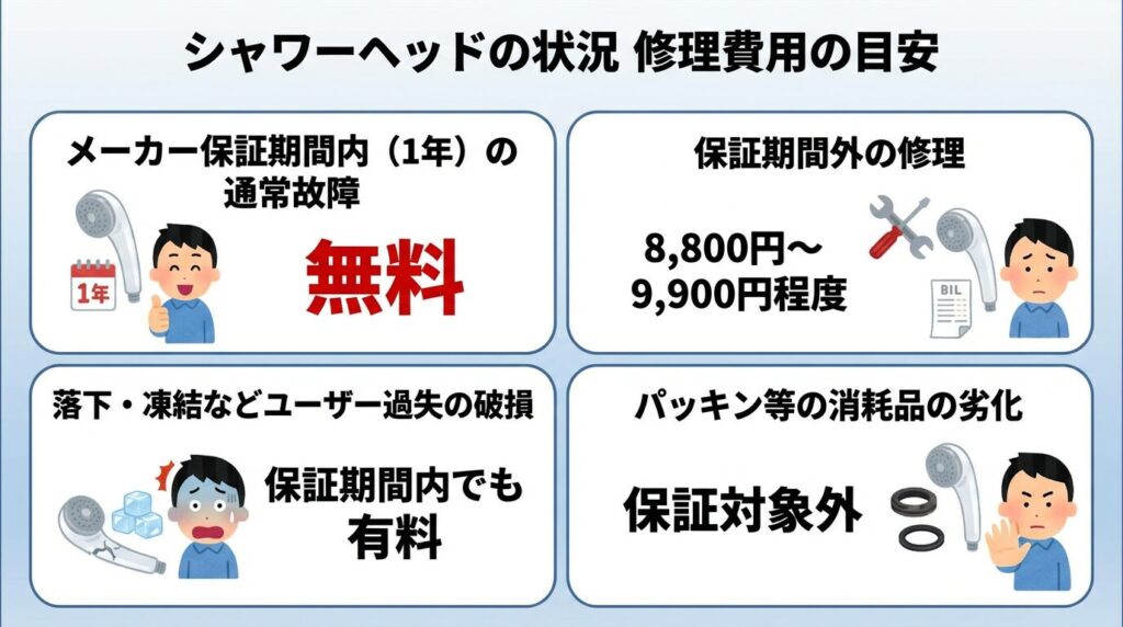 シャワーヘッドの状況
修理費用の目安
メーカー保証期間内（1年）の通常故障
無料
保証期間外の修理
8,800円〜9,900円程度
落下・凍結などユーザー過失の破損
保証期間内でも有料
パッキン等の消耗品の劣化
保証対象外